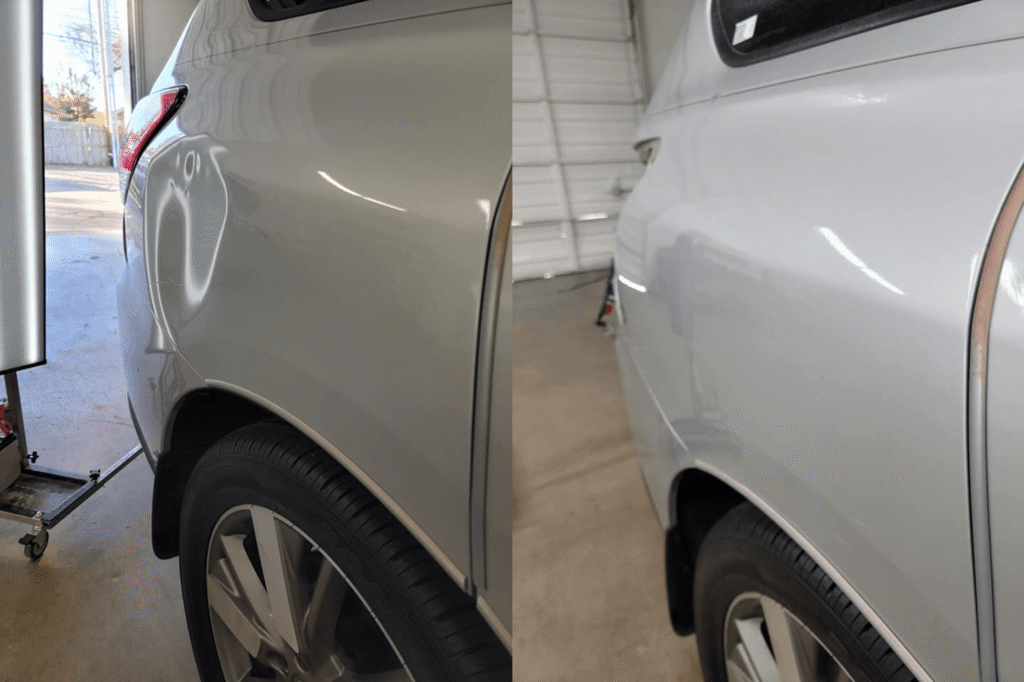 Dent near the taillight of a silver sedan before and after pointless dent repair in Tulsa