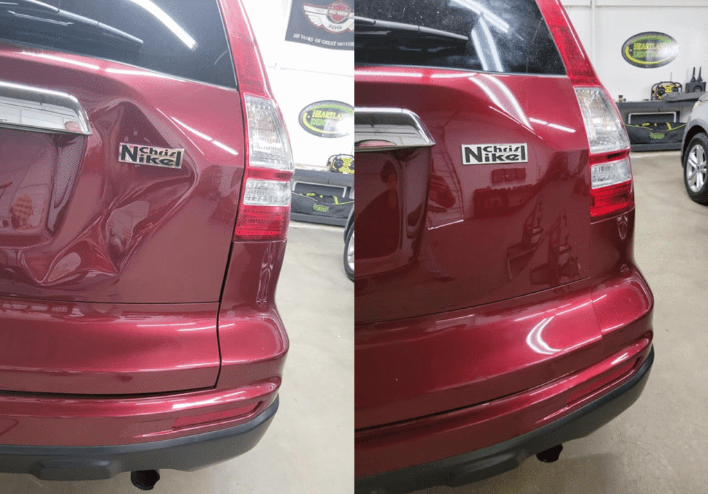 Before and after pointless dent repair on a marron Honda CR-V rear quarter panel in Tulsa.