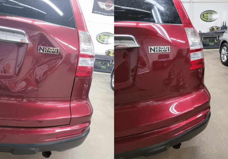 Before and after pointless dent repair on a marron Honda CR-V rear quarter panel in Tulsa.
